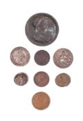 A small group of world coins including an 1821 St Helena halfpenny: