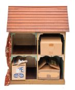 A late Victorian Doll's house: the hinged red tiled roof enclosing two attic room over four