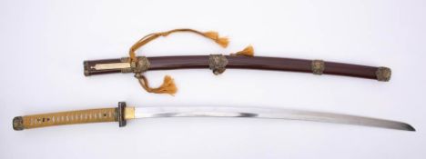 A 20th century katana: the blade over square brass tsuba and cord bound grip with gilt brass