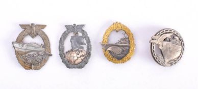 Four Kriegsmarine badges: comprising Auxiliary Cruiser badge, Blockade Runner badge,