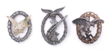 Three Third Reich period Luftwaffe badges: includes Air Force Flak Badge, stamped GWL,