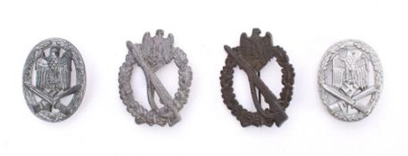 Four Third Reich period style badges: includes Infantry Assault Badge bronze award stamped W.