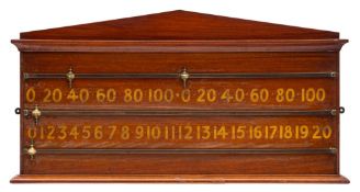 A mahogany and brass snooker scoreboard by R Stevens & Sons,