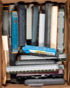 Various HO/OO scale. An unboxed group of passenger coaches and electric outline locomotives.