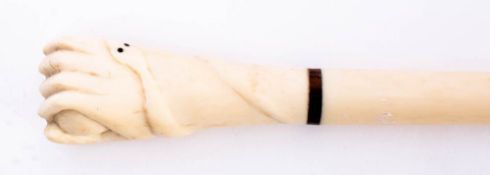 A late 19th century Maine ivory walking cane: the three section shaft with rosewood ferrules and
