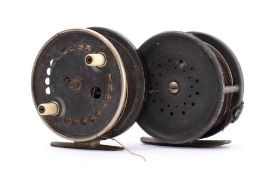 A Hardy Alnwick patent 3 1/2 inch alloy drum fly reel: stamped as per title with celluloid handle,