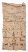 A 19th century needlework sampler: with alphabet and verse geometric birds and flowers,
