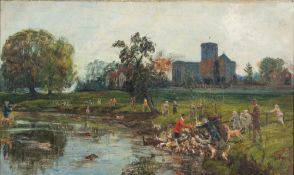 English School early 20th Century- 'Malton & Rydale Otter Hounds at Old Malton, 1921',