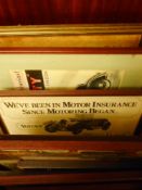 A collection of assorted polychrome motoring prints: mostly framed and glazed.