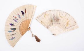 An early 20th century Japanese ivory and boxwood fan with decorated mount: together with a bone fan