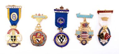 Five assorted Masonic gilt and enamel Stewards Medals: relating to various institutions. (5).