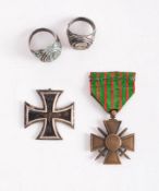 A WWI Iron cross: together with a WWI Croix de Guerre and two later German Tote rings.