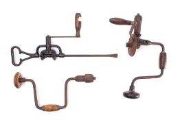 A combination ratcheting bit brace hand drill: together with a reciprocating wheel brace,