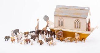 A late 19th/early 20th century painted wooden Noah's Ark: together with thirty eight animals and