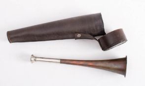 A copper and silver plated hunting horn in leather case,: both unsigned the horn 23.8cm long.