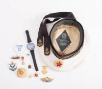 A Russian sailor's hat: together with a collection of gilt badges and a Russian Navy 1971 -1993