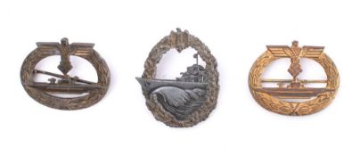 Three Third Reich period style naval war badges: includes U-Boat War Badge, stamped 53,