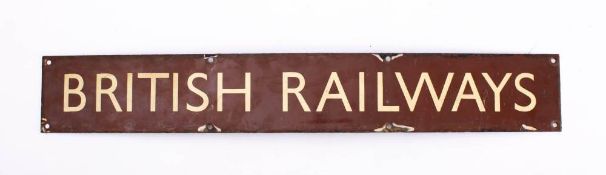A BR (W) enamel 'British Railways' sign: cream text on a brown ground, 10 x 68.