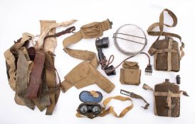 A collection of various webbing and water bottles etc.