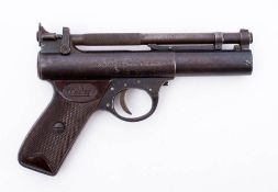 A Webley Premier .22 calibre air pistol: serial number '250', two piece brown Bakelite logo grips.