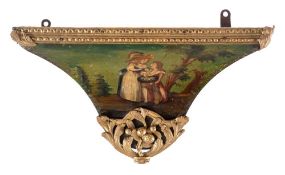A green painted Continental clock bracket: depicting a gentleman down on one knee in front of a