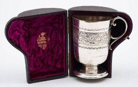A Victorian silver christening mug, maker Elkington & Co, Birmingham, 1889: monogrammed,