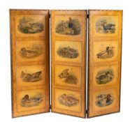 A painted and découpage decorated three fold screen,