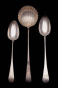 A George III silver Old English pattern serving spoon, maker John Lambe, London, 1800: monogrammed,