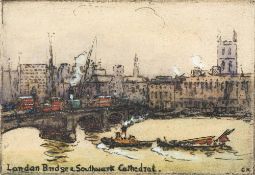 Gertrude Keeling [19/20th Century]- London Bridge & Southwark Cathedral,:- hand coloured etching,