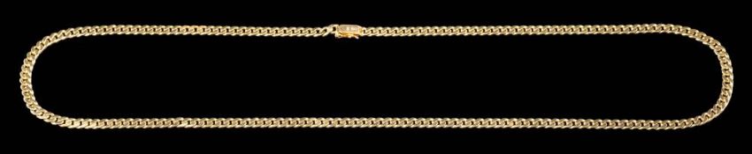A gold coloured necklace,: composed of flattened curb links, stamped 14k, 72cm long,