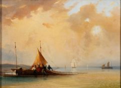 British School 19th Century - Brittany fisherfolk hauling a net,:- oil on canvas, 27 x 37cm.