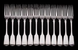 A set of twelve Victorian silver Fiddle pattern table forks, maker Chawner & Co, London,