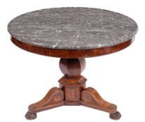 A Louis Philippe mahogany and marble topped gueridon, circa 1835,: the circular,