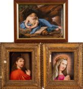 Three Continental porcelain plaques: comprising a rectangular example enamelled with the Penitent