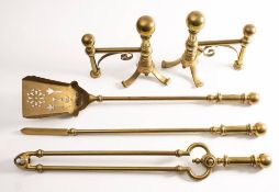 A set of 19th century brass fire implements: including a shovel, tongs and poker,