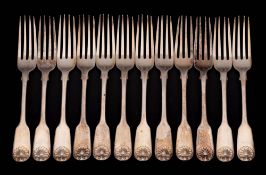 A set of twelve Victorian silver Fiddle and Thread pattern dessert forks, maker Lister & Sons,