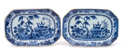 A pair of Chinese blue and white octagonal dishes: painted with rockwork, auspicious objects,