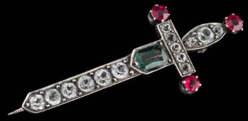 A French silver and gem set sword brooch,: centrally set with a cushion cut green tourmaline,