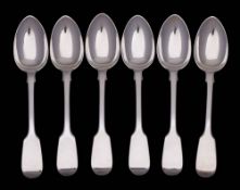 A set of six Victorian silver Fiddle pattern dessert spoons, maker Chawner & Co, London,