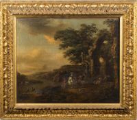Attributed to Pieter Wouvermann [1623-1682]- Travellers with dogs and other figures beside a ruin
