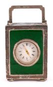 A silver and green enamel carriage clock: the eight-day duration timepiece movement having a