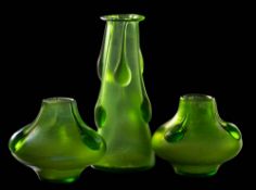 Three Loetz Crete green Vesuvian genre vases: comprising a pair of squat vases and a tapering and