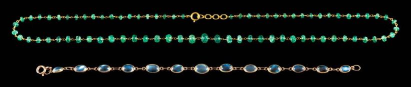 An emerald necklace,: composed of faceted emerald beads, with a bolt ring clasp, stamped 750, 47.
