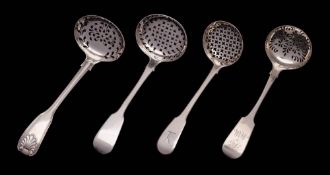 Four George III and later silver Fiddle pattern sifting spoon, various makers and dates: includes,