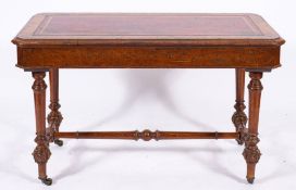 A Regency or George IV burr walnut, mahogany and leather inset library writing table, circa 1820,