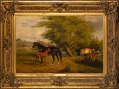 John Frederick Herring [1765-1865] & Studio- Mare with foal and cattle by a woodland glade,
