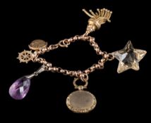 A gold charm bracelet: the faceted belcher links suspending various charms,