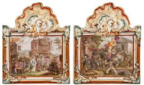Set of four French 'faience' wall plaques: in acanthus and scroll moulded frames with faux