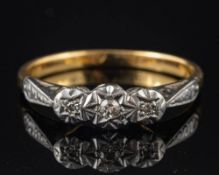 An 18 carat gold and diamond ring,: set with three eight-cut diamonds, stamped 18k,