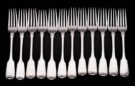 Twelve Victorian silver Fiddle pattern dessert forks, maker Chawner & Co, London,